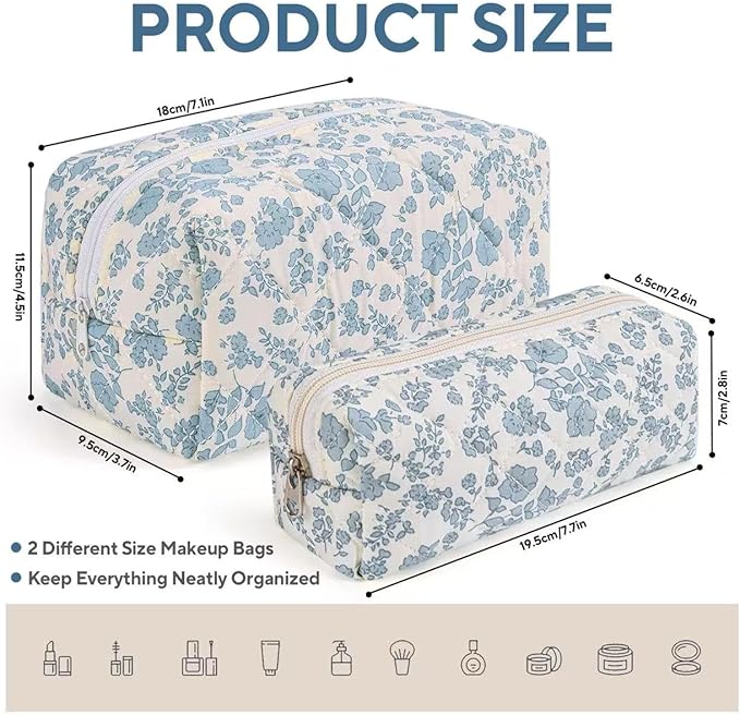 MZLUWM 2 Pcs Makeup Bag Travel Cosmetic Bag，Cute Floral Quilted Makeup Bag Set for Women Girls，Cotton Travel Toiletry Zipper Make Up Pouch (Blue Floral)