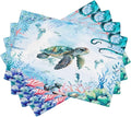 Turtle Ocean Placemats, Cartoon Blue Watercolour Ocean Coral Shell Seahorse Octopus Starfish Animal Print Washable Fabric Placemats Table Kitchen Dining Party 12x18 Inch Set of 6