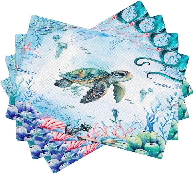 Turtle Ocean Placemats, Cartoon Blue Watercolour Ocean Coral Shell Seahorse Octopus Starfish Animal Print Washable Fabric Placemats Table Kitchen Dining Party 12x18 Inch Set of 6