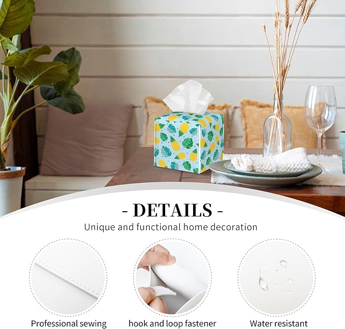 POIUBLE Pineapple and Tropical Leaves Tissue Box Cover Leather Tissue Box Holder Square Facial Paper Organizer Dispenser for Bathroom Kitchen Bedroom Vanity Countertop Night Stands