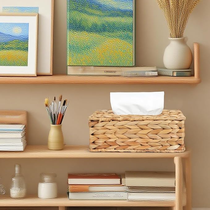 MHCLUE Water Hyacinth Rectangular Tissue Box Cover - Handwoven Natural Decorative Tissue Holder, Fits Standard Rectangular Tissue Boxes for Living Room, Bedroom, Bathroom, Sustainable Home Decor