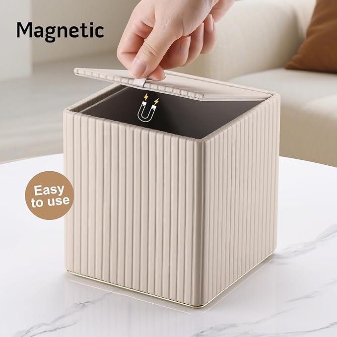 KINGFOM Square Tissue Box Cover, PU Leather Tissue Box Holder for Kleenexs with Magnetic Bottom Cover for Facial Tissues/Napkins, Office & Living Room Decor Box Beige