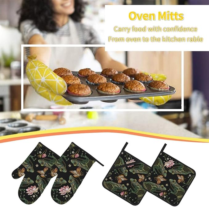 Vintage Frogs Lotus Flowers Oven Mitts and Pot Holders 4 Pcs Set Oven Gloves and Potholders for Cooking Microwave BBQ Baking Grilling
