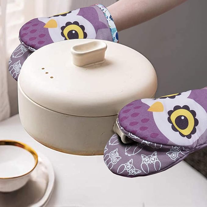Mini Oven Mitts,2pk - Silicone Little Kitchen Gloves, Heat Resistant with Non-Slip Grip and Soft Quilted Cotton Lining for Safe Backing Cooking Barbecue (Purple, 2)
