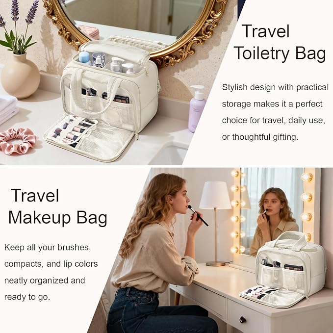 Bagstellar Travel Toiletry Bag, Lightweight Wide-open Large Puffy Toiletry Bag for Women, Quilted Makeup Bag Organizer Water-resistant Cosmetic Bag with Handle for Toiletries, Essentials, Accessories