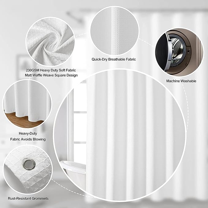 MISS SELECTEX Waterproof Bathroom Shower Curtain, White Waffle Hotel Shower Curtain 230 GSM Heavy Duty,Thick Shower Curtain for Bath Tubs 108Wx72H for Decorative Bathroom Curtains