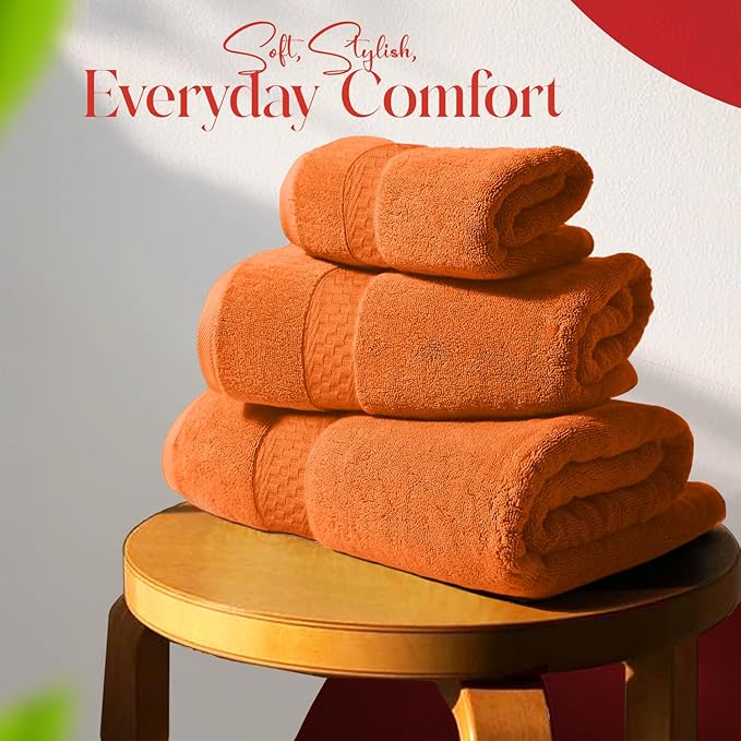 RIVERSIDE 3-Piece Towel Set, 1 Bath Towel, 1 Hand Towel, 1 Washcloth, 550 GSM Ring Spun Cotton, Soft, Quick Dry, Absorbent Bathroom Towels for Home, Gym, Spa, Orange