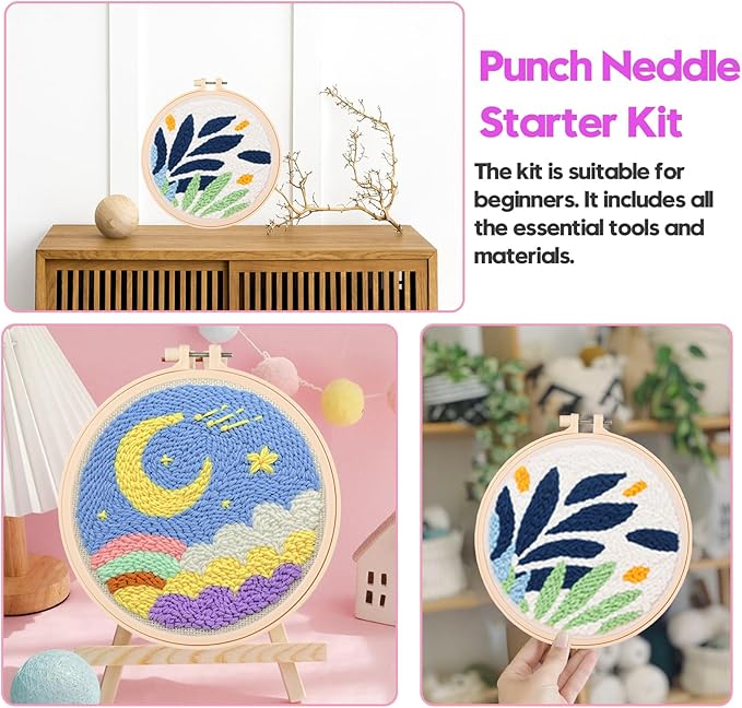 Cheloment 2 Sets Punch Needle Kits with 5mm/3.5mm Punch Needle,Fabric,Threader, Yarns and Hoops Embroidery Starter Kit for Adults Beginner, Perfect for DIY Craft and Decoration (Moon&Leaf)