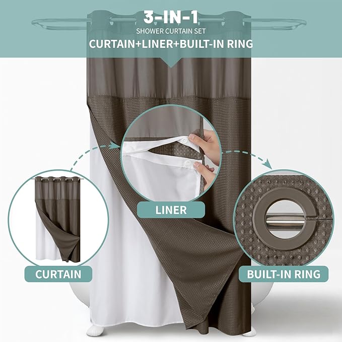 eachope Brown No Hook Waffle Weave Shower Curtain with snap-in Liner Replacement, 230GSM Waterproof Fabric Hotel Shower Curtain Set for Bathroom, Through Mesh Top Window,54Wx80H