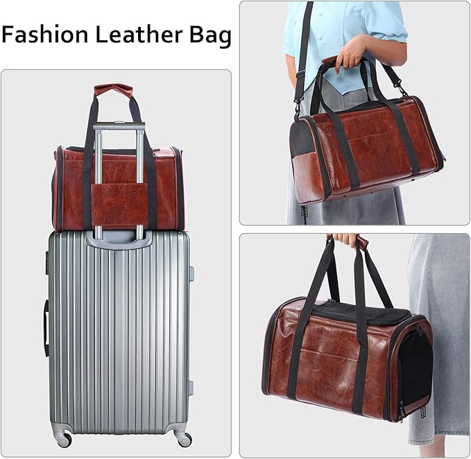 Lasaviin Fashion Leather Dog Carrier Cat Carrier Airline Approved Pet Carrier for Small Medium Dogs Cats Under 15Lbs, Collapsible Soft Sided Travel Puppy Carrier Coffee