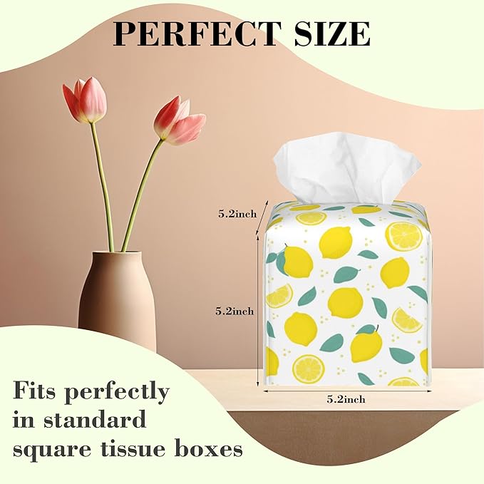 Lemon Citrus with Leaves Tissue Box Cover,Waterproof Leather Square Tissue Box Cover Case Facial Paper Organizer Dispenser Box Holder for Home Office Bathroom Vanity Countertop