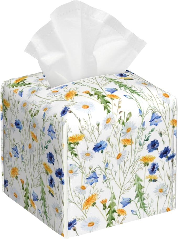 Tissue Box Cover Square, Watercolor Dandelion Cornflower Flower Leather Tissue Box Holder Decorative Organizer for Bathroom, Home Office Car Decor