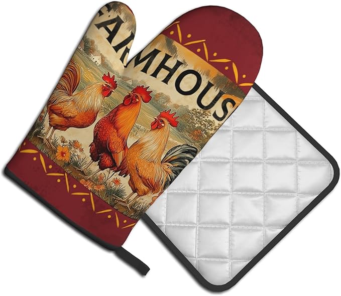 Farmhouse Rooster Oven Mitts and Pot Holder Set of 2 Vintage Chicken with Floral Kitchen Gloves Potholders Heat-Resistant Rustic Oven Gloves Hot Pads for Cooking Baking Grilling