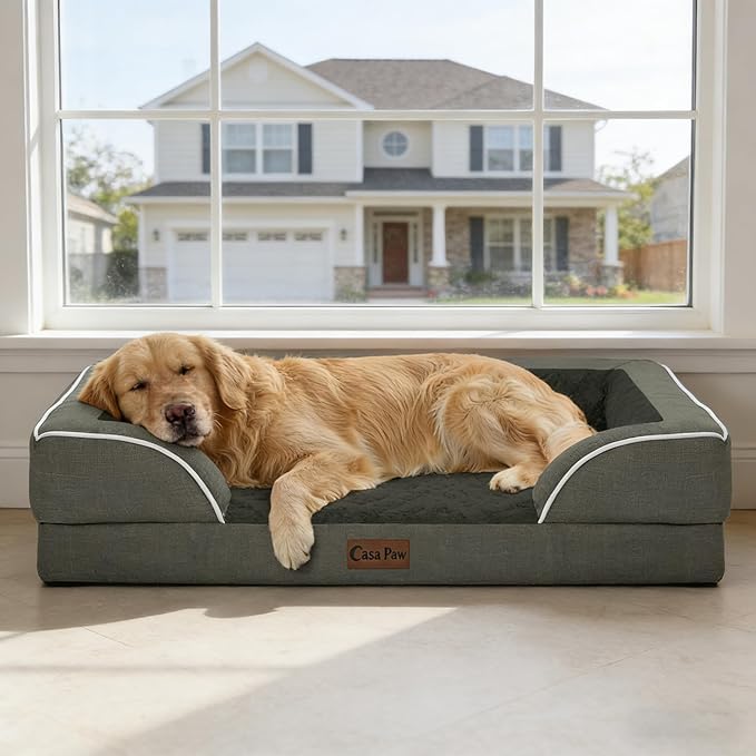 Casa Paw Orthopedic XL Dog Beds, Waterproof Memory Foam Big Pet Bed for Extra Large Sized Dogs 45x35Inch, Non-Slip Bottom and Egg-Crate Foam Dog Couch Bed with Washable Removable Cover, Dark Green