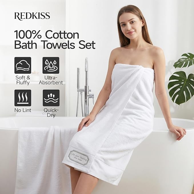 REDKISS 35"x70" Luxury Bath Sheets Towels Set of 2, 100% Cotton & 700 GSM,Ultra Soft & Highly Absorbent Bath Towels Set,Perfect for Bathroom,Spa and Hotel-White