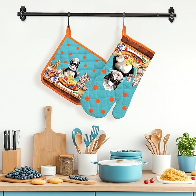 Cute Cat Oven Mitts and Pot Holders Sets 2Pcs, 100% Cotton Heat Resistant, Extra Long Oven Gloves Potholder for Kitchen Cooking Baking Decoration