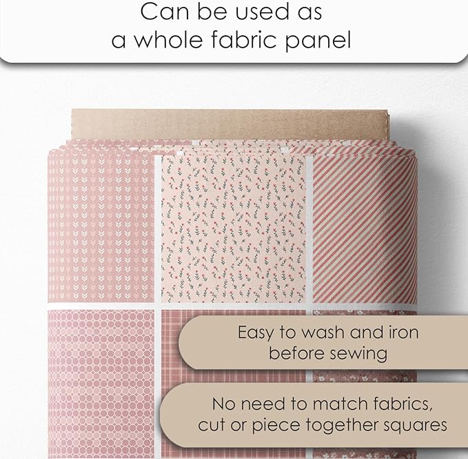 Cotton Satin Patchwork Fabric Panel – 35 Designs, 20×20 cm Squares, Single Piece 150×110 cm, Blush Pink Quilt Fabric (Peach Tones Geometric & Floral Set, 35pcs 8x8 inch)