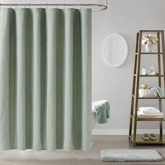 BTTN Stall Fabric Shower Curtain - 54x72 Inch Long Linen Textured Heavy Duty Shower Curtain Set with 10 Plastic Hooks, Hotel Spa Weighted Waterproof Neutral Bath Curtains for Bathroom - Sage Green