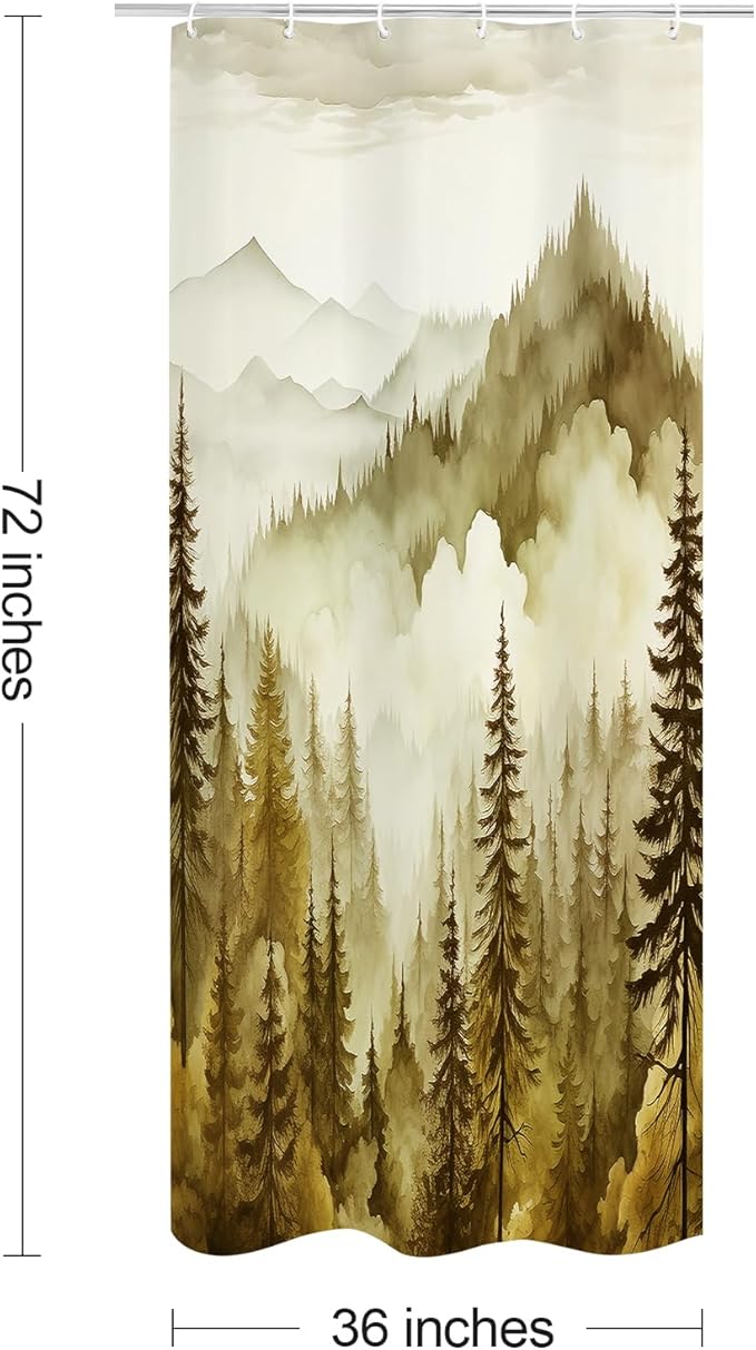 Litabel Yellow Small Stall Misty Pine Forest Shower Curtain 36 x 72, Mountain Foggy Woodland Scenery Tree Narrow Half Size Shower Curtains for Bathroom, Abstract Waterproof Nature-Themed Decor
