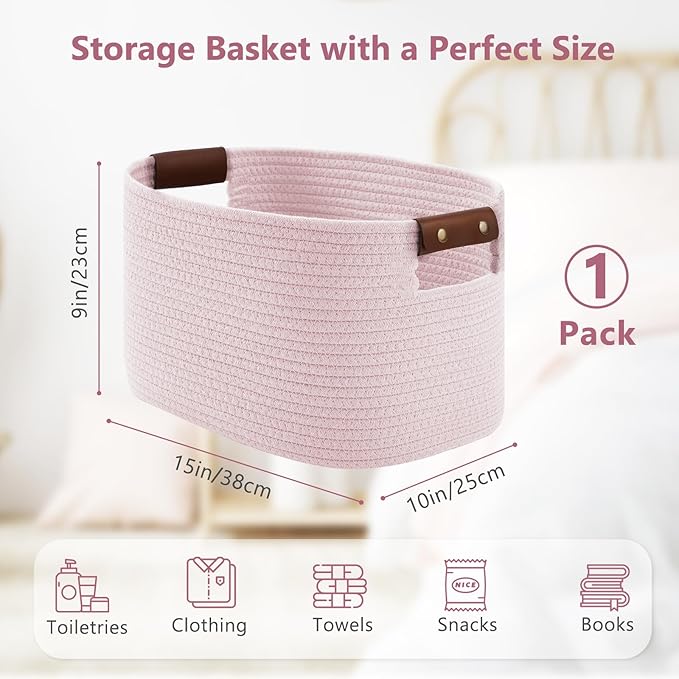 ECDYQXVU Cotton Rope Basket, Storage Baskets with Handle, 15x10x9 Inch Woven Basket for Shelves, Laundry, Towels, Clothes, Books (Light/Pink 1Pack)