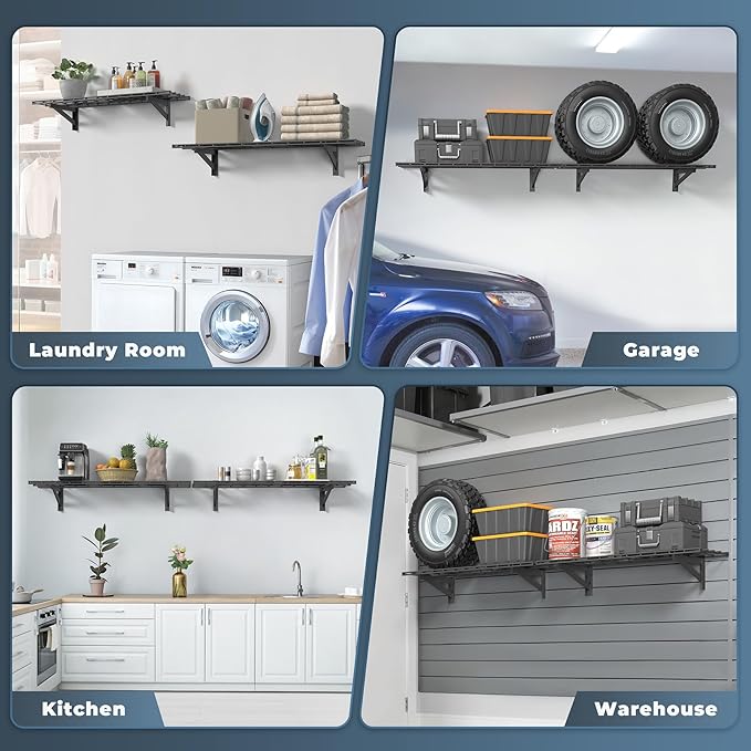 Jusgym 2 Pack Heavy Duty Garage Wall Shelving Set (1x4ft), Wall Mounted Garage Shelves 700lbs Capacity, 12"x48" Shelf Storage Rack Floating Shelves, Black