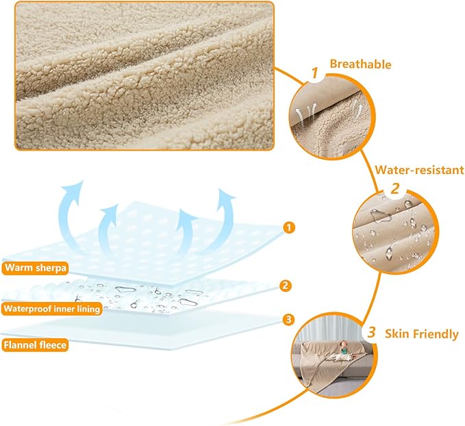 Maidewow Waterproof Dog Bed Cover 85x57in Pet Blanket for Big Dogs Reversible Pets Couch Blankets for Puppy Fluffy Cream Sherpa Fleece Sofa Leakproof Covers for Cat Warm Washable-XL