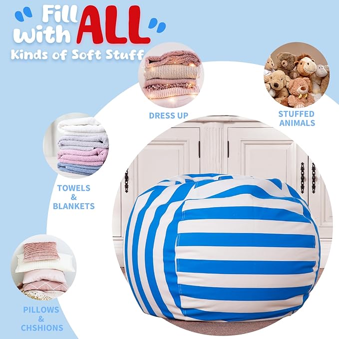 WEKAPO Stuffed Animal Storage Bean Bag Chair Cover for Kids | Stuffable Zipper Beanbag for Organizing Children Plush Toys Large Premium Cotton Canvas (Blue, XX-Large)
