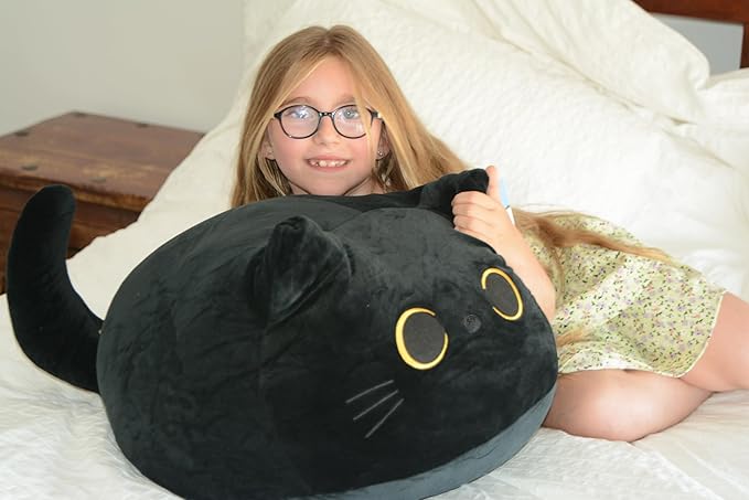 WORLD OF PLUSH 29-Inch Jumbo Black Cat Plush Toy – Giant Stuffed Animal Pillow, Soft Cuddly Kitty Plushie Gift for Kids, Girls & Adults
