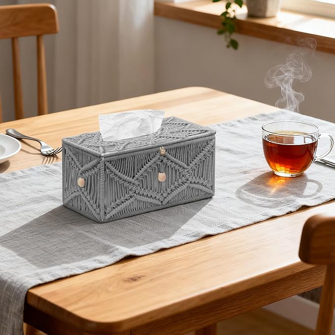 KaloKalo Handmade Tissue Box Cover Rectangle Decorative Macrame Boho Tissue Holder Cotton Rope Woven Napkin Facial Paper Organizer Bohemian Desk Storage Container with Buckle Wood Beads (Grey)