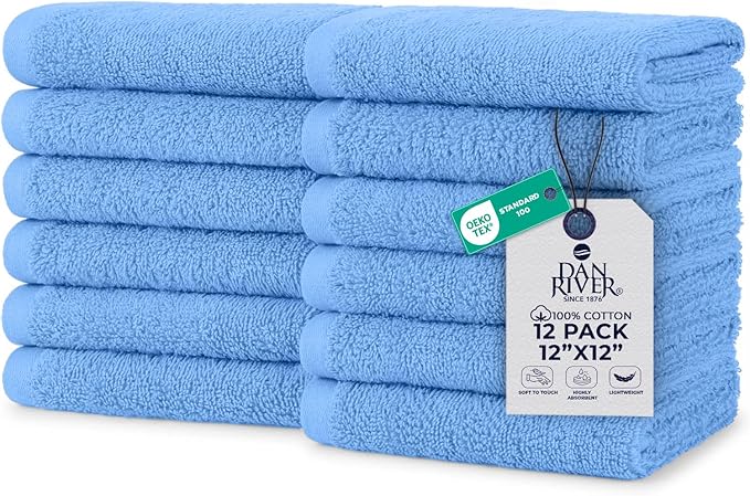 DAN RIVER 12 Pack Wash Cloths for Showering [12x12] - 100% Cotton Washcloths Premium Quality Flannel Face Cloths for Bathroom, Highly Absorbent and Soft Feel Wash Clothes, M Blue