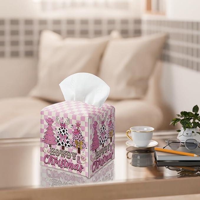 Howdy Christmas Tissue Box Holder, Pink Checkered Cowgirl Western Christmas Trees Leather Tissue Box Cover Square, Paper Facial Decorative Tissues Cover for Bathroom Office Home Decor-B07