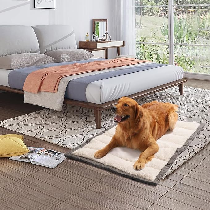 vmgreen Travel Dog Bed, Rollup Crate Mat, Kennel Pad, Pet Camping Gear with Carry Handles for Medium Dog or Cat, Super Soft, Machine Washable, 36 * 23” Grey