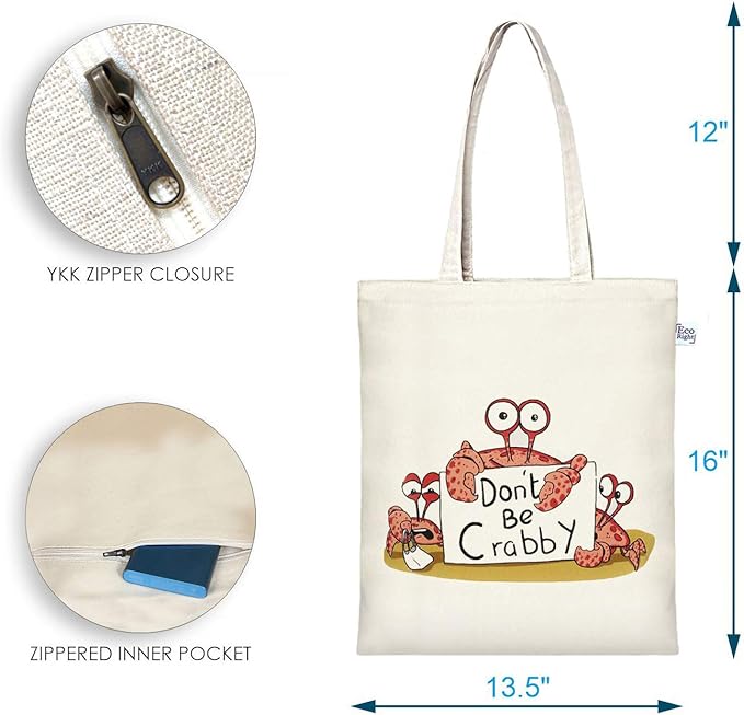 Ecoright Tote Bag for Women with Zipper, Small Tote Bag, Canvas Bag, Reusable Cotton Bag for Beach, Grocery, School & Work