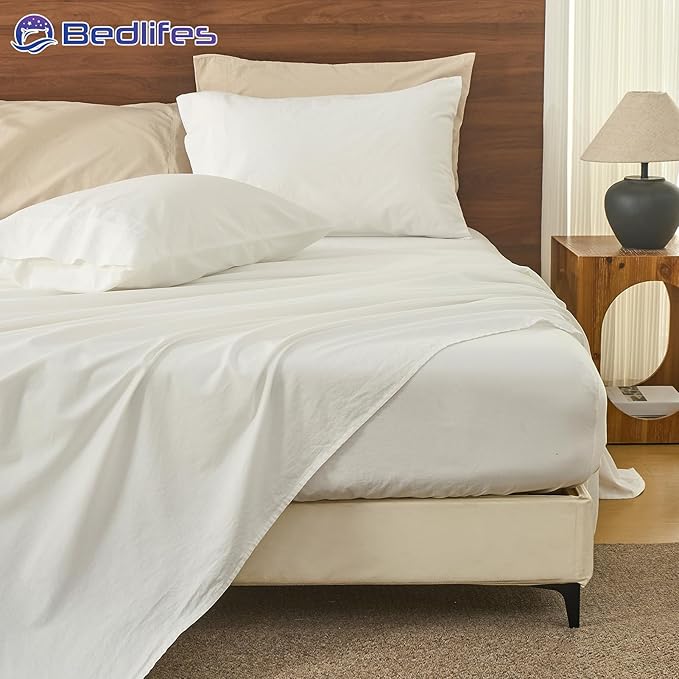 Bedlifes 100% French Pure Linen Sheets King Size Breathable and Cooling Flax Sheet Set Soft Durable and Moisture Wicking 16 Inch Deep Pocket-4 Piece(King,White)
