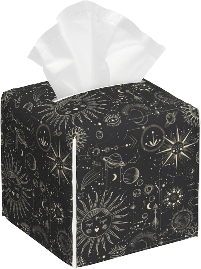 POIUBLE Zodiac Signs Tissue Box Holder Moon Phases Tissue Box Cover Square Leather Tissue Holder Organizer Portable Decorative Facial Paper Case for Home Office Bathroom Vanity Countertop