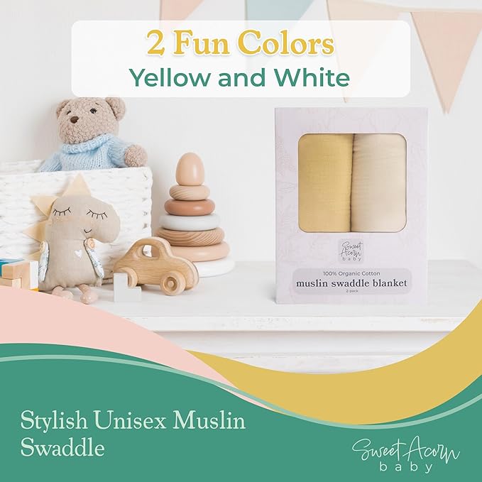 Sweet Acorn Muslin Swaddle Blanket – Soft Cotton Muslin Baby Blanket for Newborns, Infants, and Toddlers, All-Season Comfort Baby Essential - Yellow and White