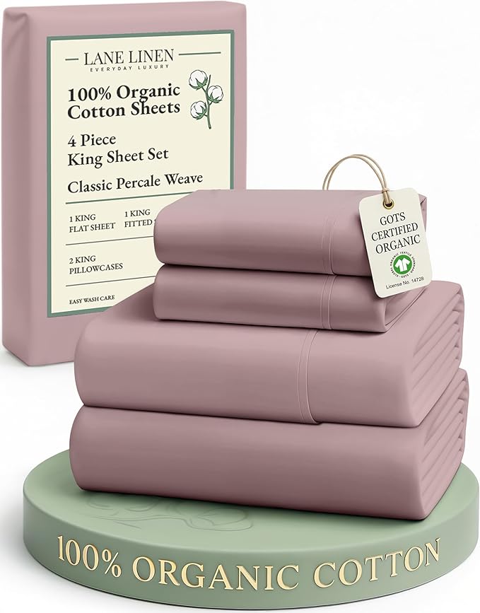 LANE LINEN 100% Organic Cotton King Size Bed Sheets, Sustainably Produced Okeo Tex Certified Cotton Sheets King, Luxury Hotel Percale Soft & Comfy Comes in Variety of Colors -Lilac