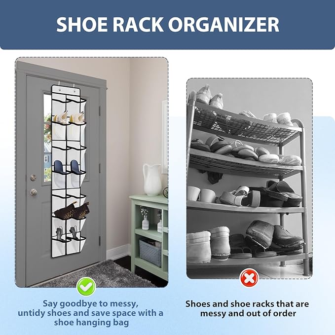 Makryebi Door Shoe Organizer with 14 Mesh Pockets, 59”H x 11.8”W inches, Clear Storage Pockets, 2 Pack, White