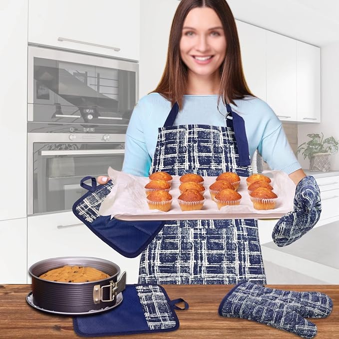 Oven Mitts and Pot Holders with Cooking Apron,Set of 5 Heat Resistant Kitchen Gloves and Silicone Non-Slip Potholders Adjustable Neck Buckle Chef Apron, Cotton Nice Design for Cooking (Navy)