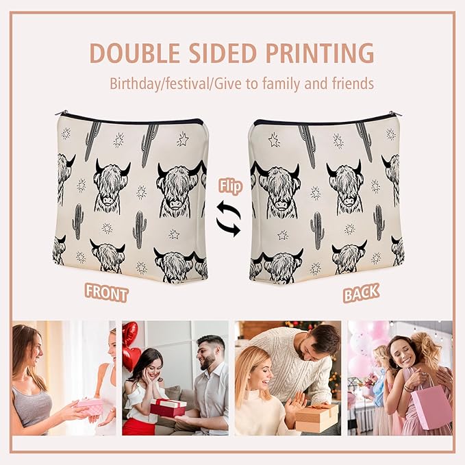 Girlly Western Cow Gifts Makeup Bag: Versatile Highland Cow -Themed Cosmetic Bags，Perfect for Teen Girls, Women & Cowgirl Stuff - Ideal Gift for Travel, Parties, Birthdays, Christmas.