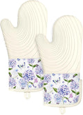 Slohif Long Silicone Oven Mitts Heat Resistant for Women - 2 Pcs Blue Flower 100% Cotton Oven Gloves, Non-Slip and Waterproof Silicone Oven Mitts with Hanger for Baking and Cooking