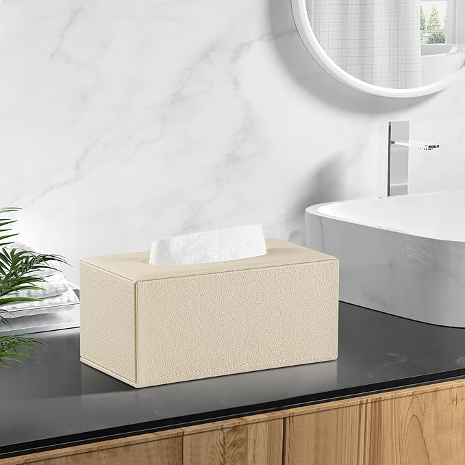 JLAMBOM Rectangle Tissue Box Cover for 120 to 160 Count Box of Tissues, PU Leather Tissue Holder with Magnetic Closure (Beige)