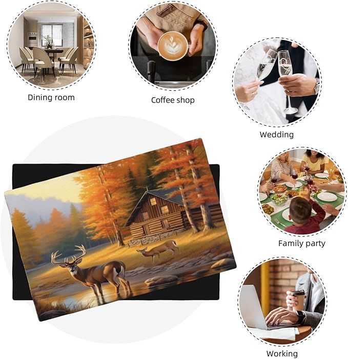 Rustic Deer Placemats, Natural Vintage Old Oil Painting Style Forest Lodge Hunting Elk Wildlife Print Washable Fabric Placemats Table Kitchen Dining Party 12x18 Inch Set of 6