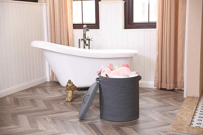 Cottonphant 16" x 16" x 18" Extra Large Storage Basket with Lid, Cotton Rope Storage Baskets, Laundry Hamper, Cloth Bin, for Clothes Towels Blankets Pillows Storage in Living Room, All Dark Grey