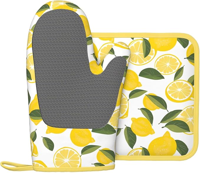 Oven Mitts and Potholders Watercolor Lemon Leaf Silicone Glove Heat Resistant, Kitchen Gloves for Cooking, 2-Piece Set