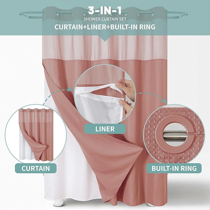 eachope Coral No Hook Waffle Weave Shower Curtain with snap-in Liner Replacement, 230GSM Waterproof Fabric Hotel Shower Curtain Set for Bathroom, Through Mesh Top Window,71Wx80H