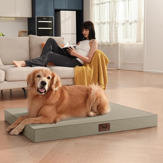 Tail Stories Outdoor Dog Bed for Medium Dogs, Waterproof Dog Crate Mat Orthopedic Egg Crate Foam Pet Bed with Washable Removable Oxford Cover, Khaki