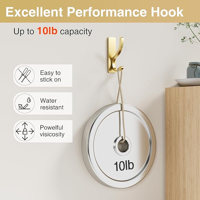 pickpiff Adhesive Wall Hooks for Towels - Sticky Hook Hanging Heavy Duty (13lb), Hanger for Door, Bathroom, Dorm, Closet - for Coats, Purse, Bag, Robe - No Damage to Wall - Gold 6 Pack