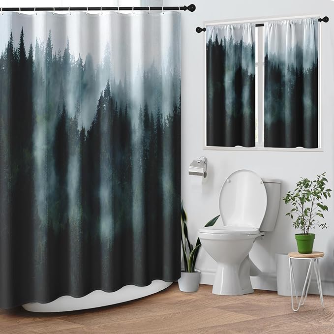 Culudea Misty Mountain Tree Green Spring Waffle Textured Cloth Shower Curtain Set, Fog Forest Nature Vintage Bathroom Window Waterproof Shower Curtains for Bathroom Decor
