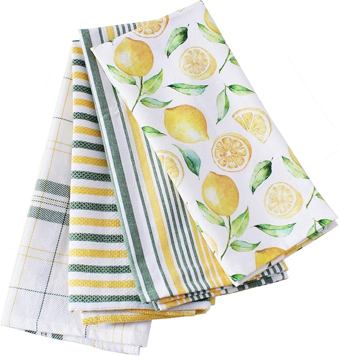 ACCENTHOME Lemon Yellow Printed Cotton Kitchen Towel Set - Absorbent Multi Purpose Kitchen Linen - 4 Drying Dish Hand Towels 20x28